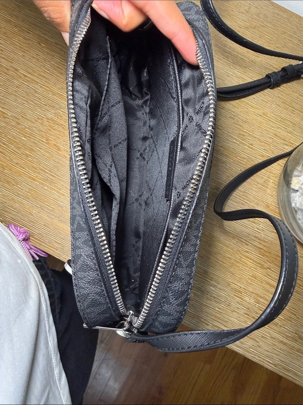 Michael Kors Black Signature Monogram Crossbody Bag with Silver Chain